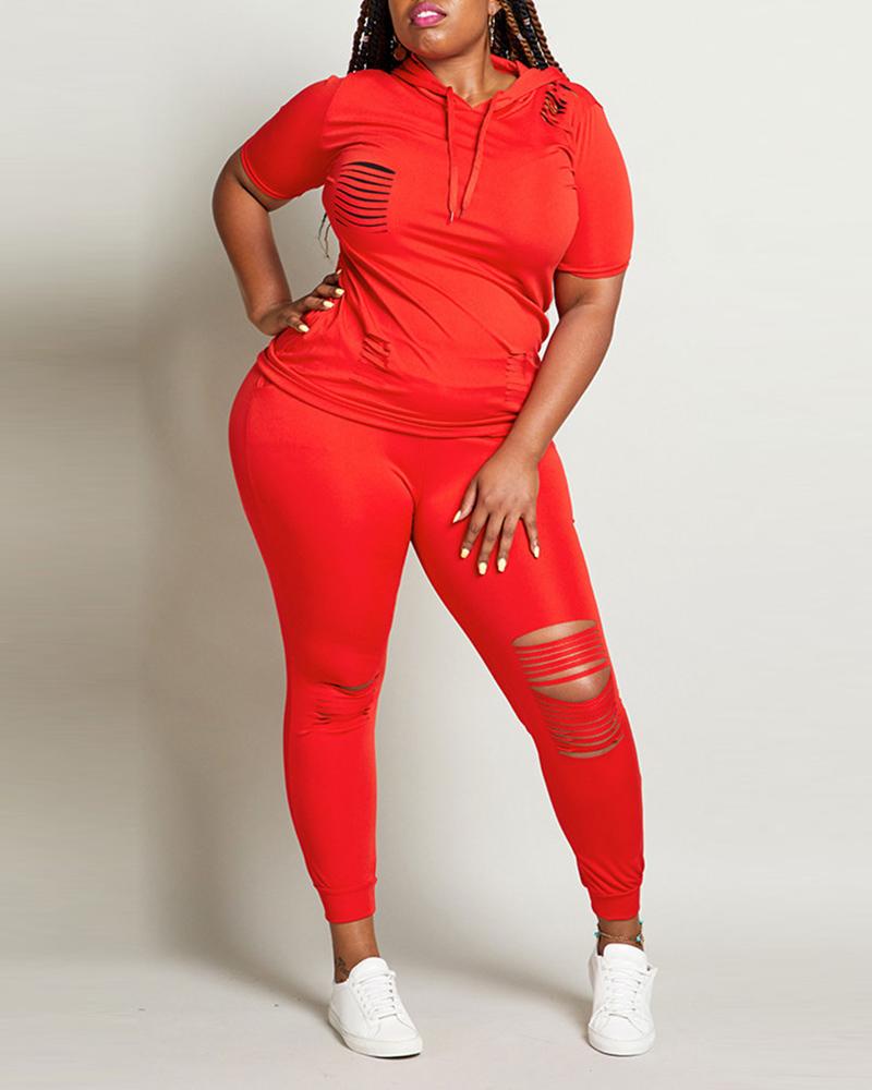

Solid Ladder Cutout Hooded Top & Pants Set, Red