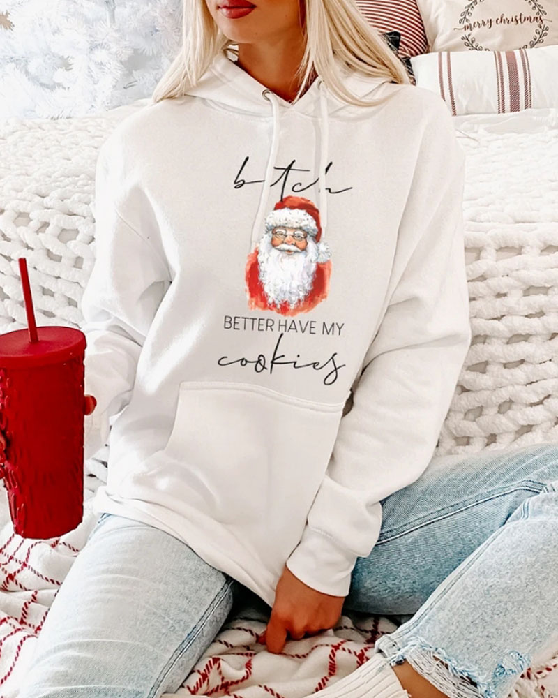 

Christmas Santa Claus Letter Print Drawstring Hoodie, White