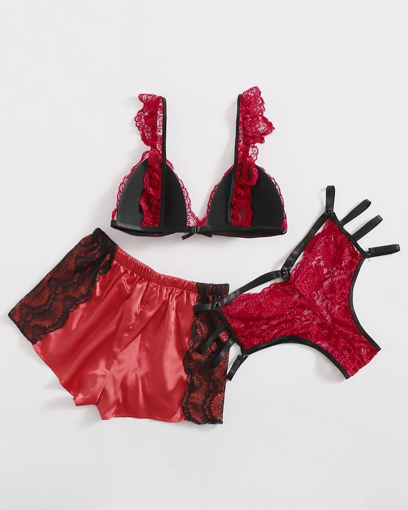 

Lace Ladder Cutout Lingerie Set With Satin Shorts, Red