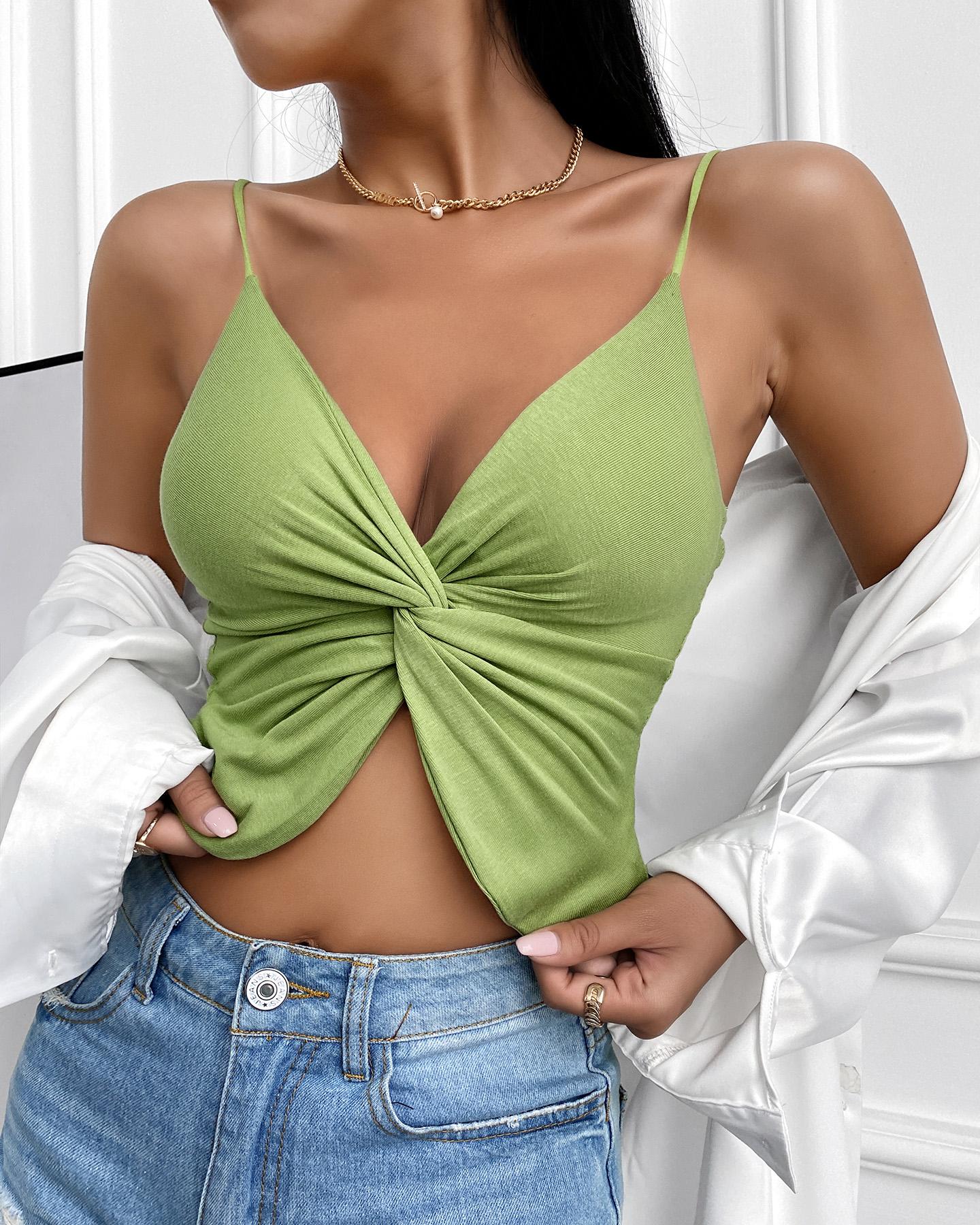 

Twisted Ruched Spaghetti Strap Crop Top, Green