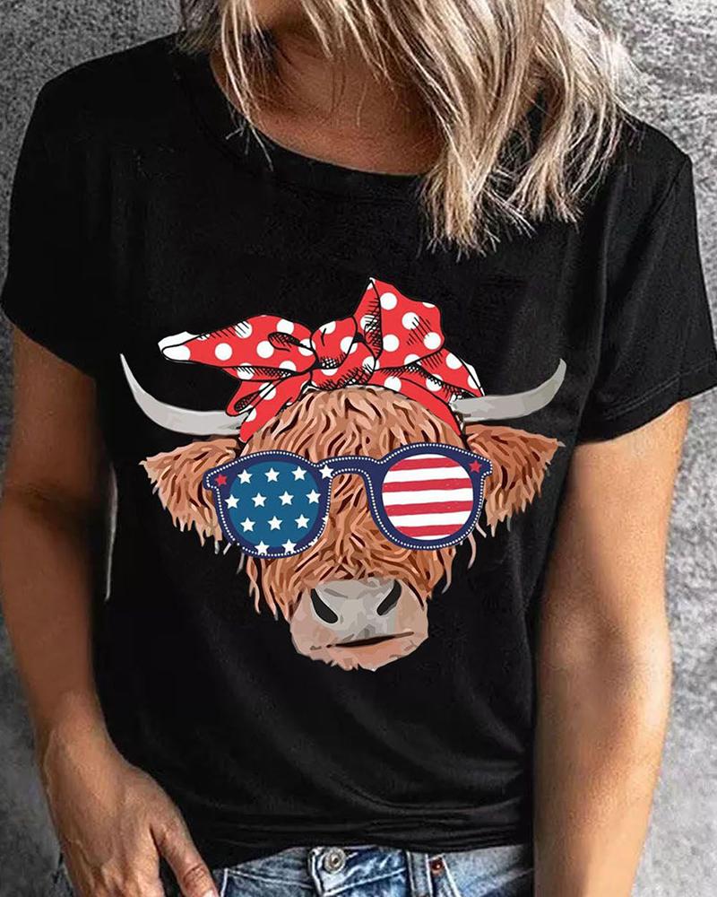 

Flag Highland Cattle Print Short Sleeve T-Shirt, Black