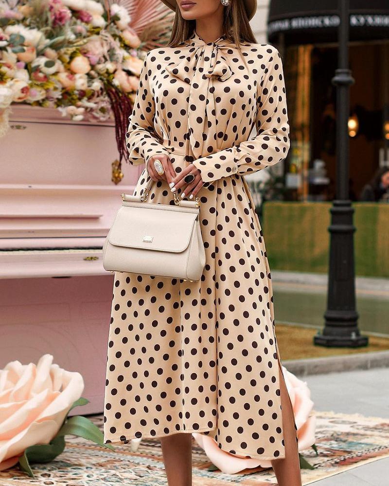 

Polkadot Print Long Sleeve Tie Neck Slit Dress, Champagne