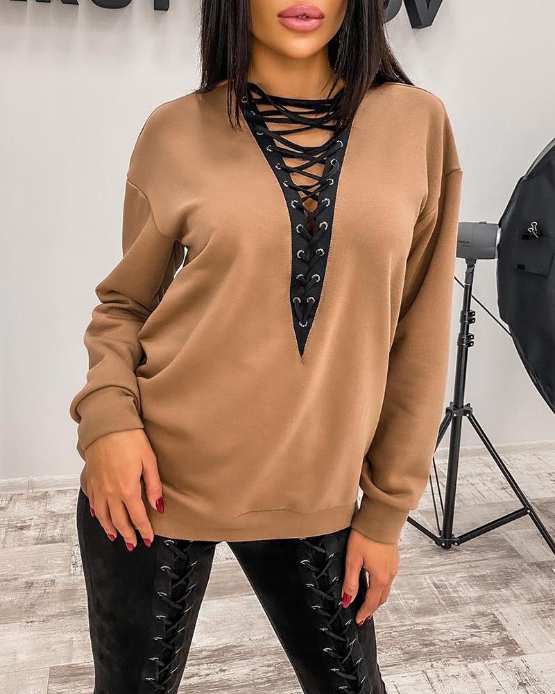 

Eyelet Lace-up Front Long Sleeve Top, Khaki