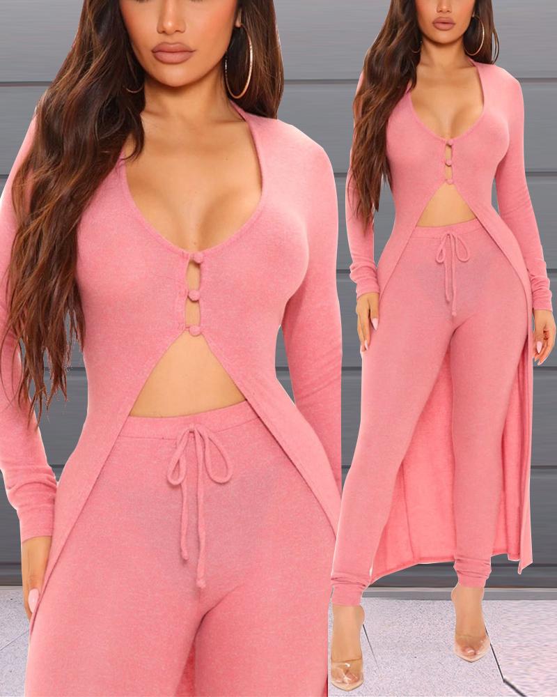 

Button Front Longline Top & Drawstring Pants Set, Pink