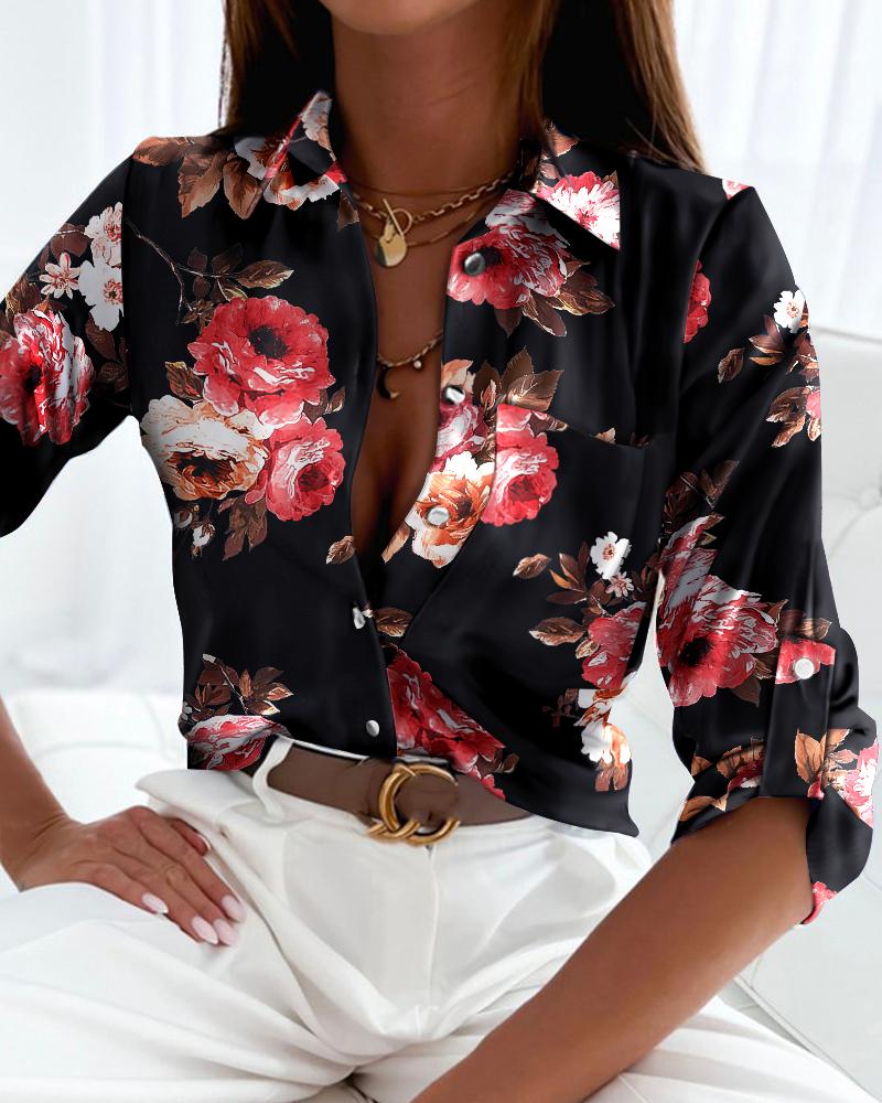 

Floral Print Roll Tab Sleeve Button Down Shirt, Black