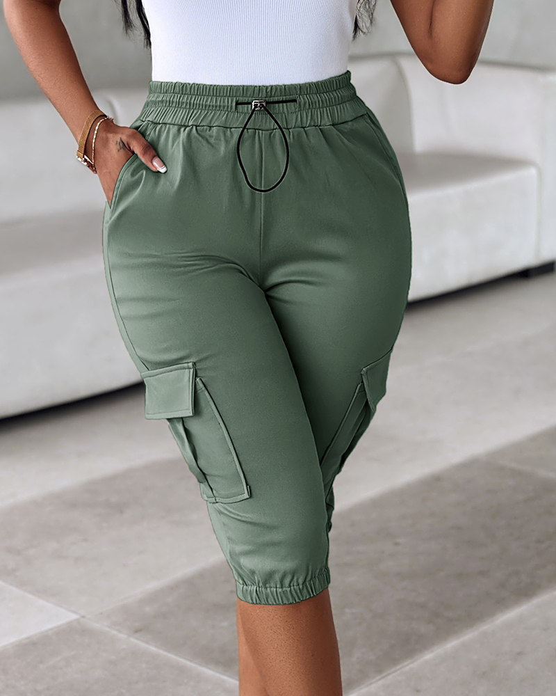 

Side Pockets Drawstring Waist Cropped Cargo Pants, Army green