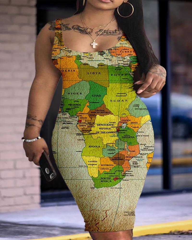 

Plus Size Map Print U-Neck Sleeveless Bodycon Dress, Green