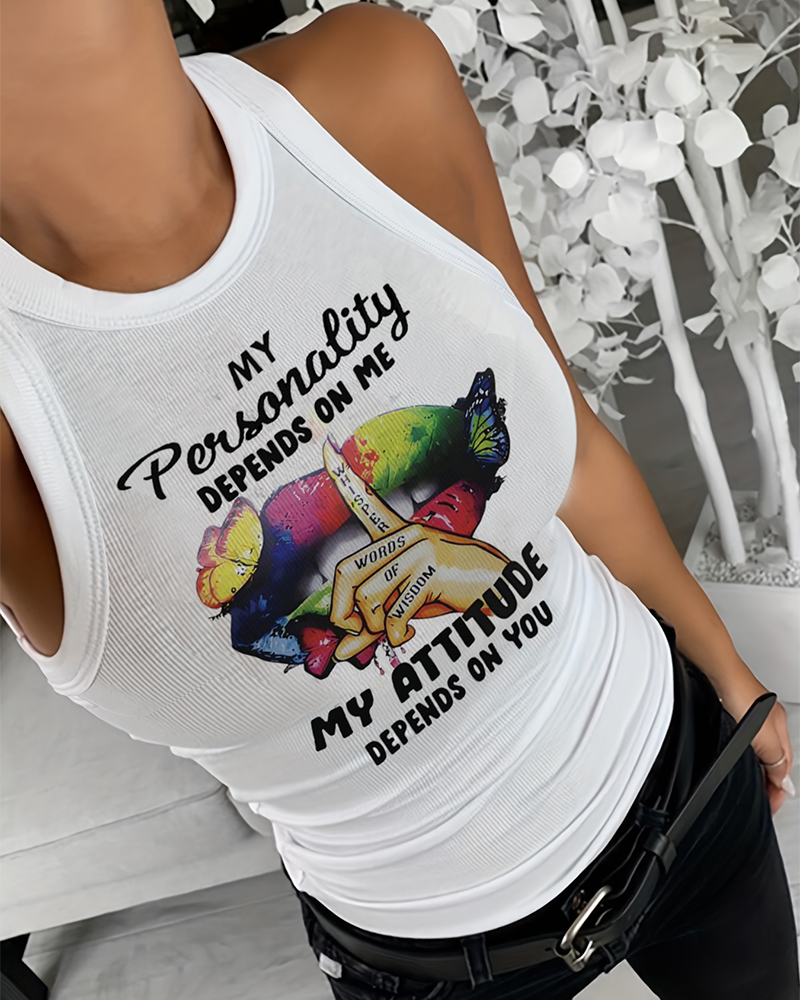 

Butterfly Slogan Lip Print Ribbed Tank Top, White