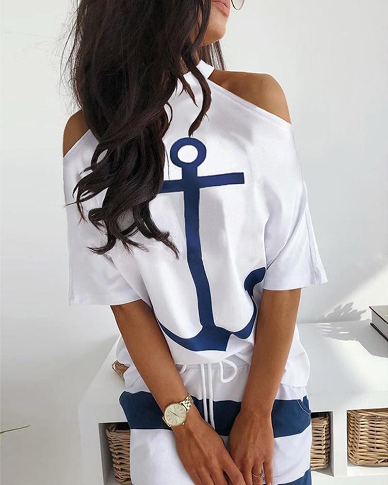 

Anchor Print Cold Shoulder T-shirt, White