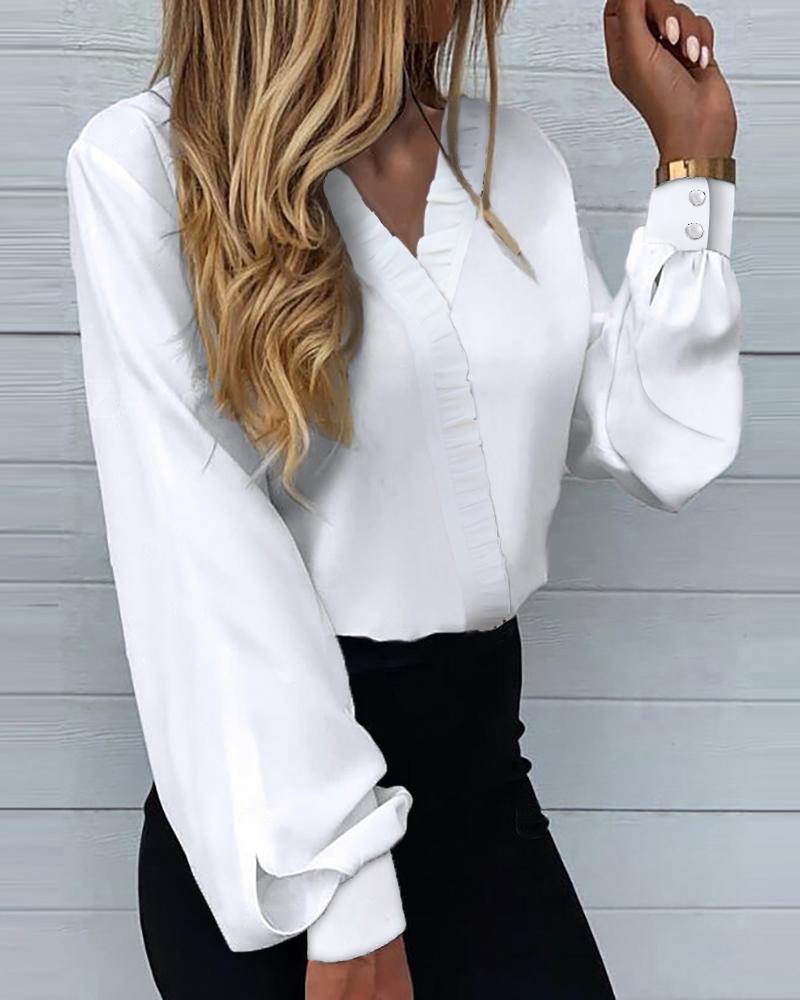 

Frill Hem Plain White Long Lantern Sleeve Shirt