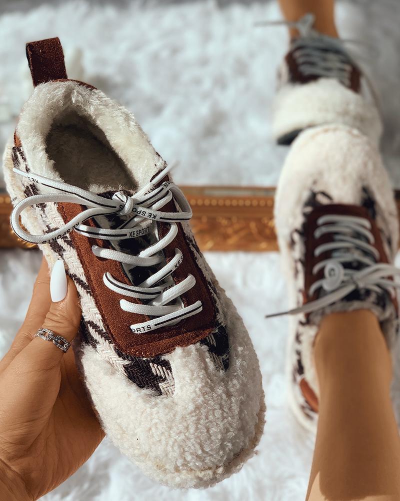 

Lace-up Houndstooth Pattern Fluffy Sneaker, Beige
