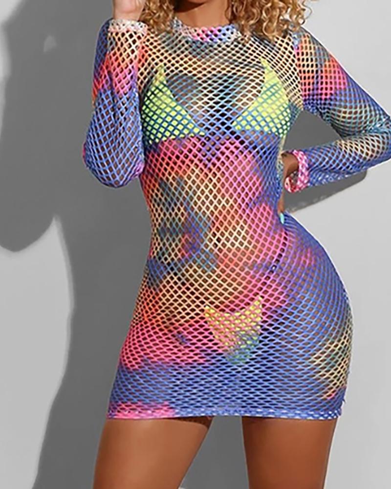 

Fishnet Colorblock Long Sleeve Bodycon Dress, Blue