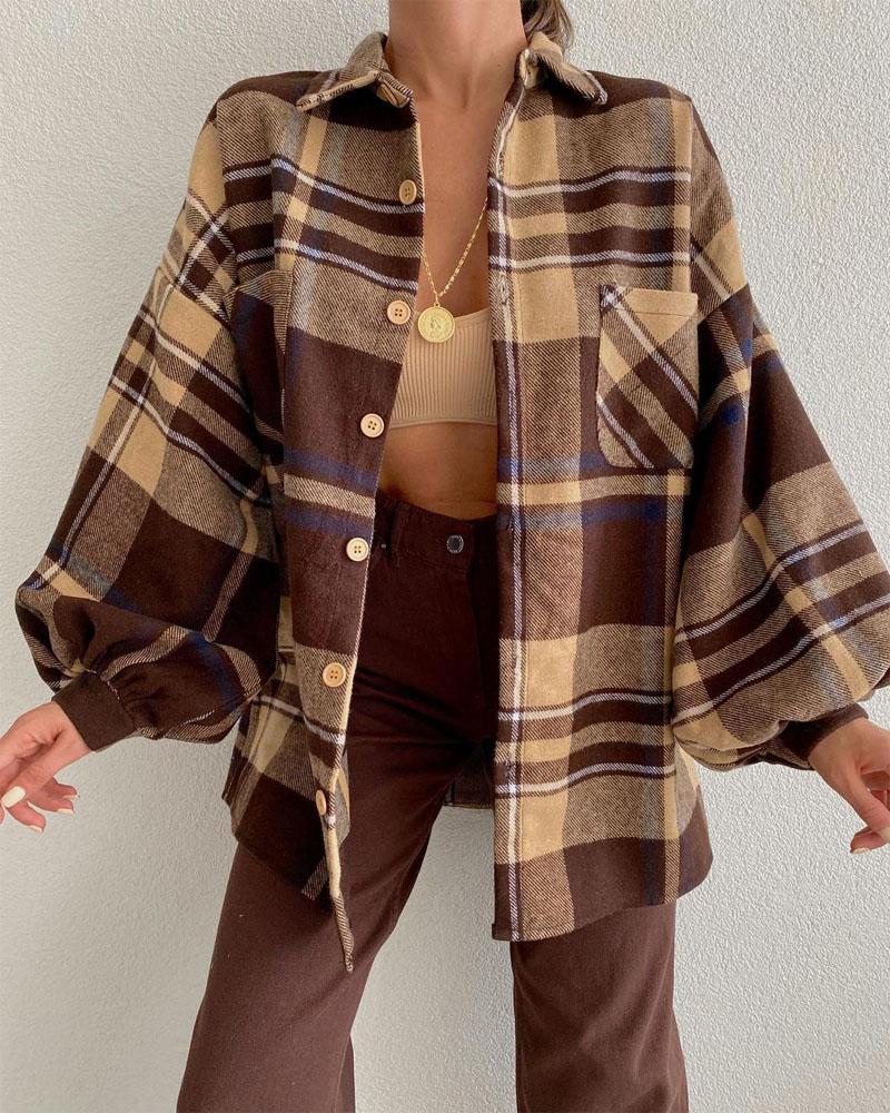 

Plaid Print Lantern Sleeve Button Down Shacket, Coffee