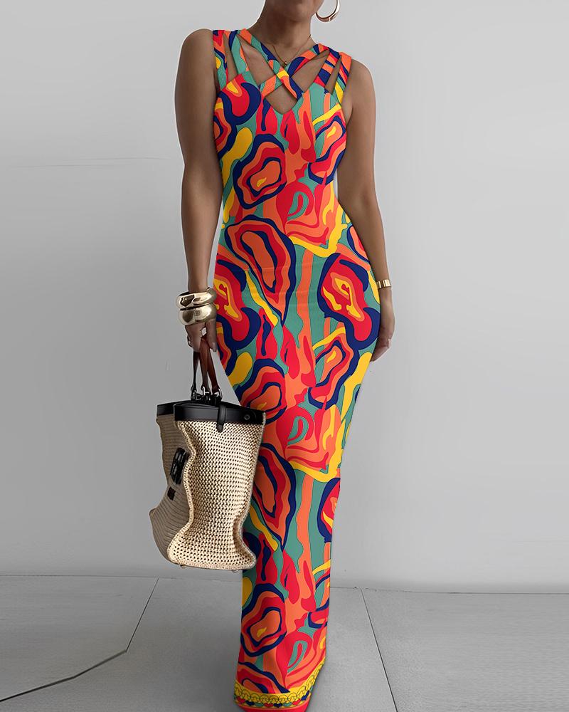 

Multi-Color Abstract Print Sleeveless Maxi Skims Dress, Multicolor