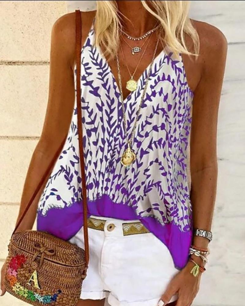 

All Over Print Spaghetti Strap Ruched Top, Purple