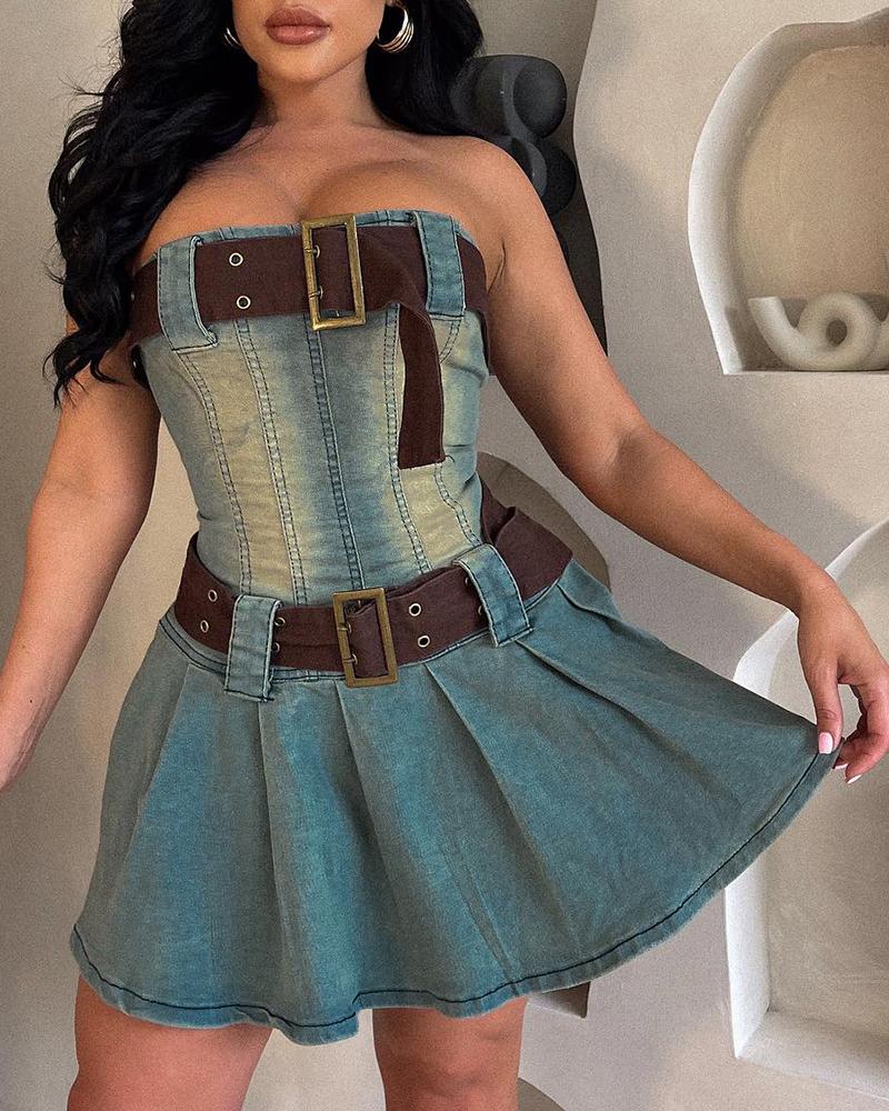 

Bandeau Ruched Washed Belted Denim Dress, Blue