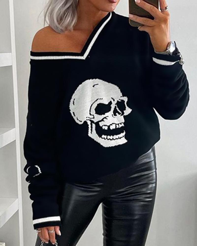 

Halloween Skull Print Colorblock Long Sleeve Top, Black