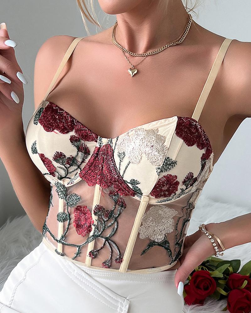 

Floral Embroidery Sheer Mesh Corset Top, Apricot