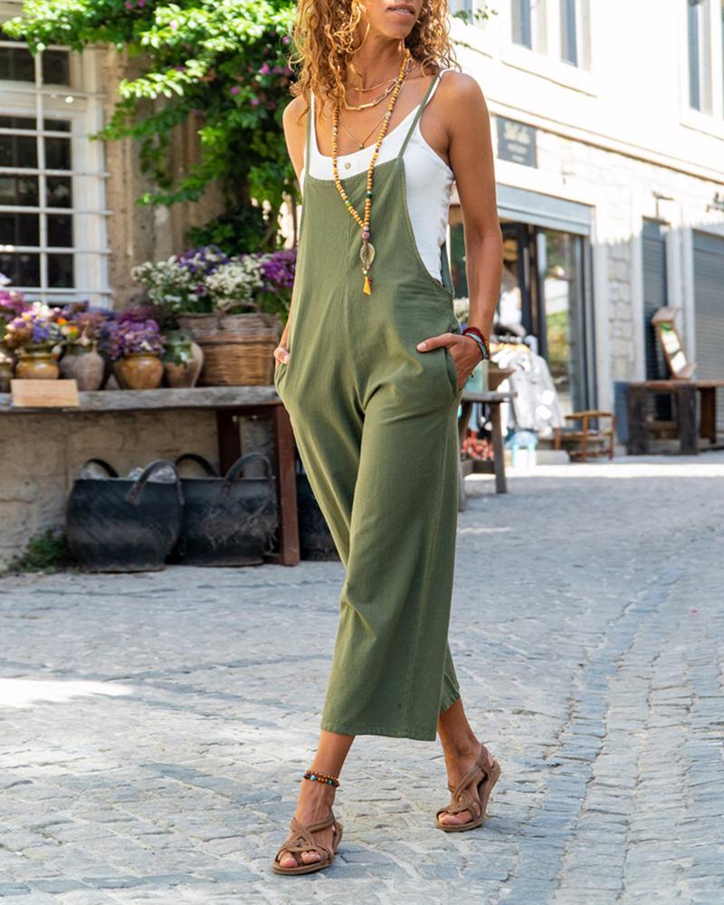 

Pocket Design Spaghetti Strap Suspender Jumpsuit, Army green