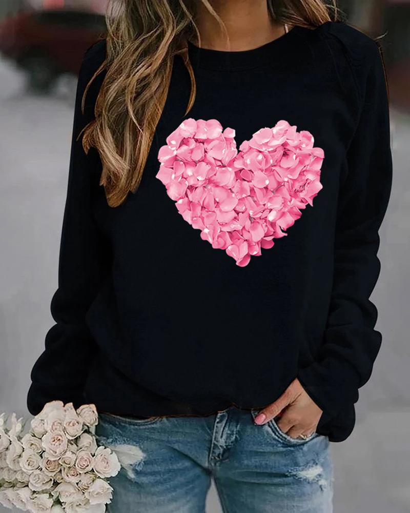 

Valentine' Day Floral Heart Print Long Sleeve Top, Black