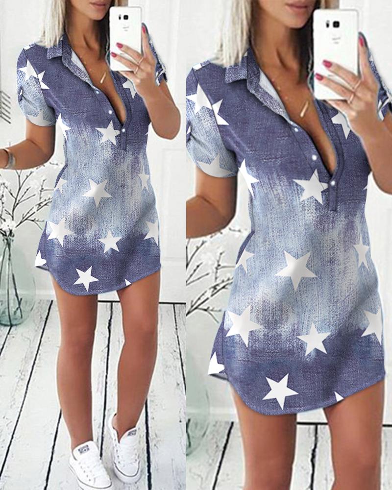 

Star Print Colorblock Denim Shirt Dress, Blue