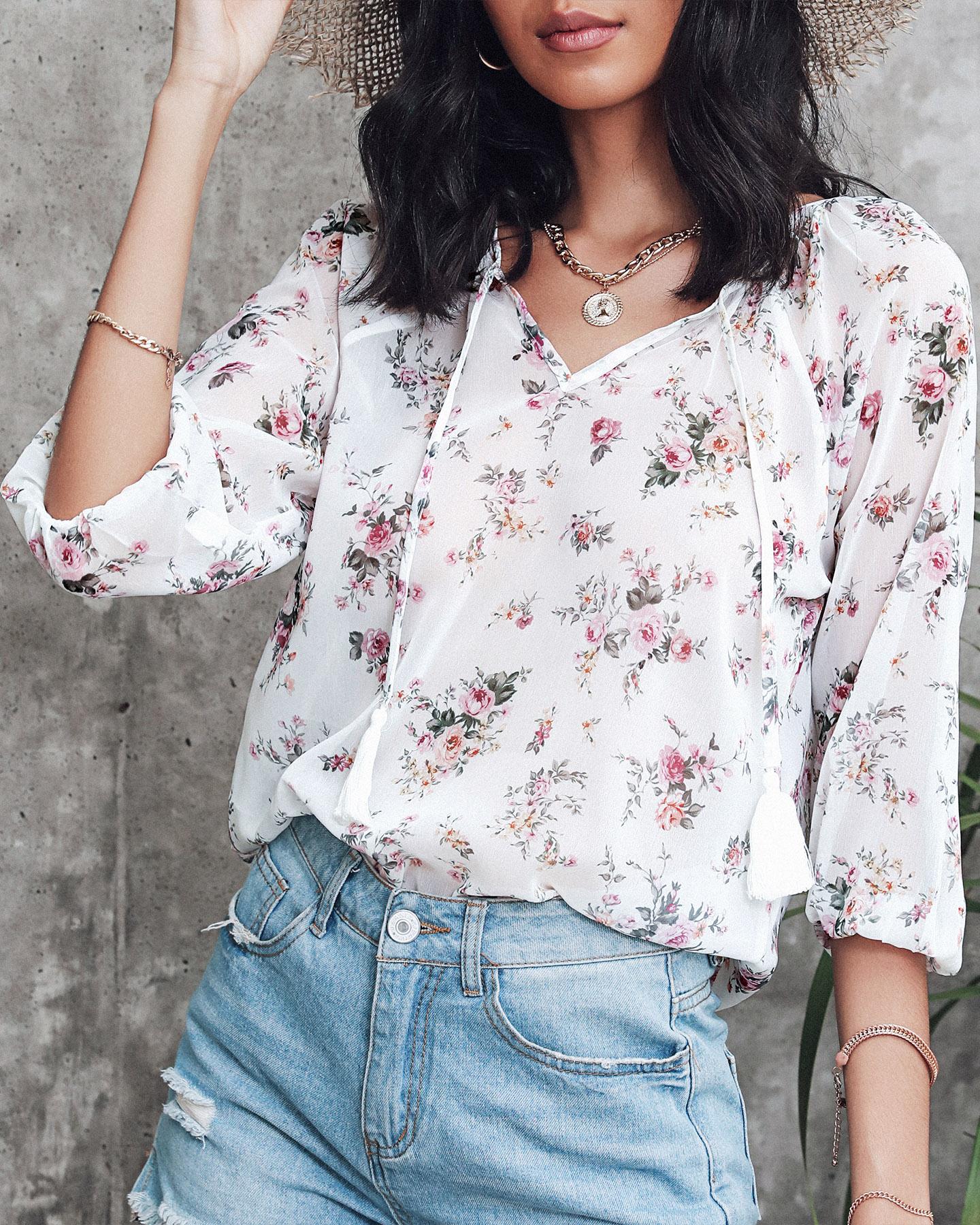 

Floral Print V-neck Tassel Casual Blouse, White