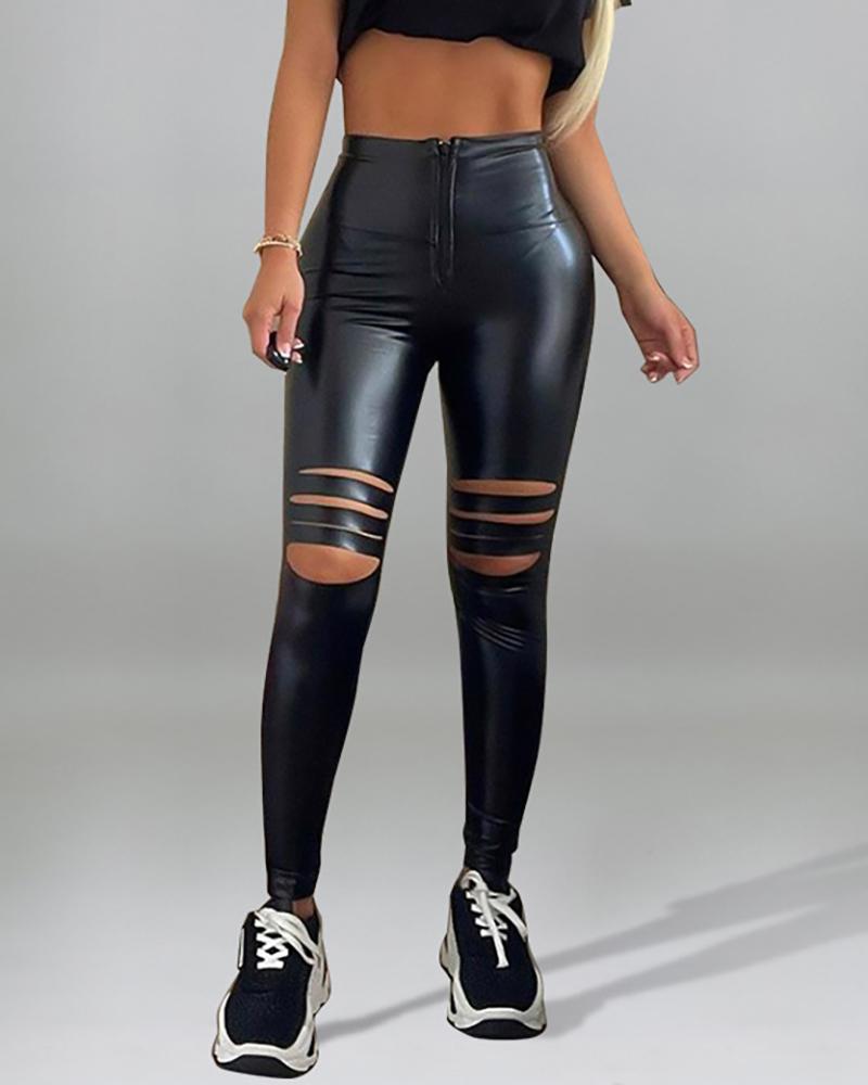 

PU Leather Zipper Design Ladder Cutout Skinny Pants, Black