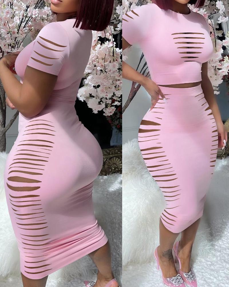 

Ladder Cutout Short Sleeve Top & Skirt Set, Pink