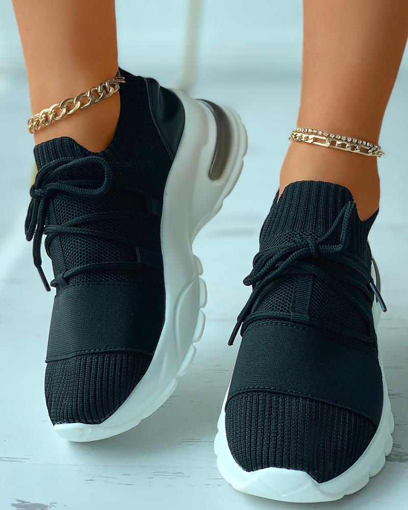 

Lace-up Knit Breathable Casual Sneakers, Black