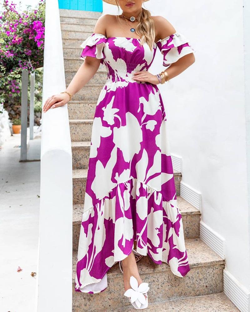 

Floral Print Off Shoulder Tight Waist Maxi Dress, Purple