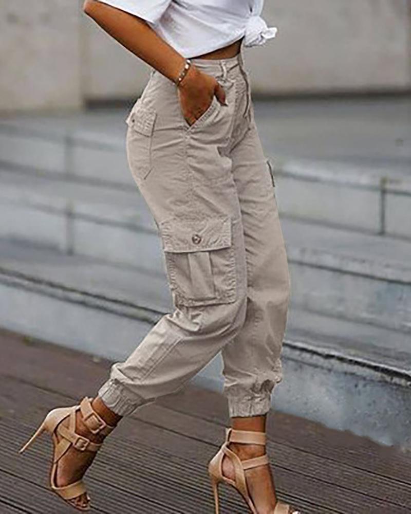 

High Waist Pocket Design Cargo Pants, Khaki