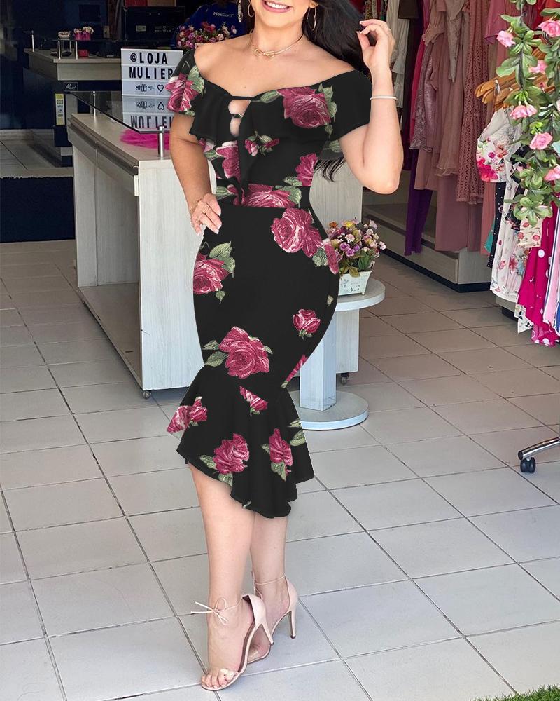 

Floral Print Ruffles Cutout Asymmetrical Party Dress, Black