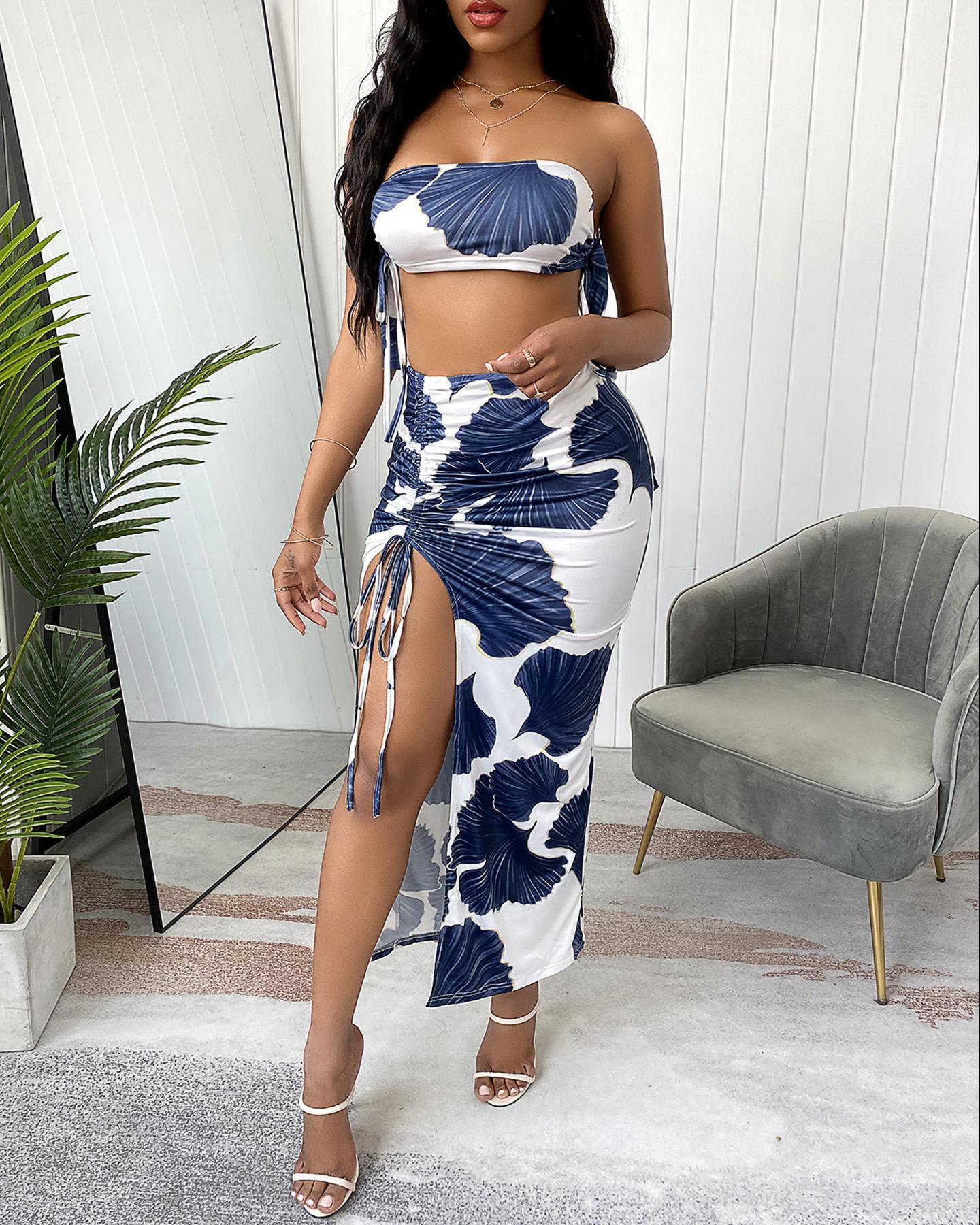 

Ginkgo Print Bandeau Crop Top & Drawstring High Slit Skirt Set, Blue