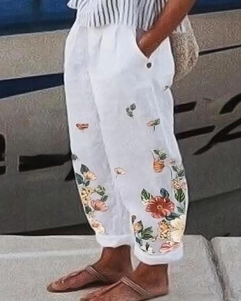 

Floral Print Pocket Decor Pants, White