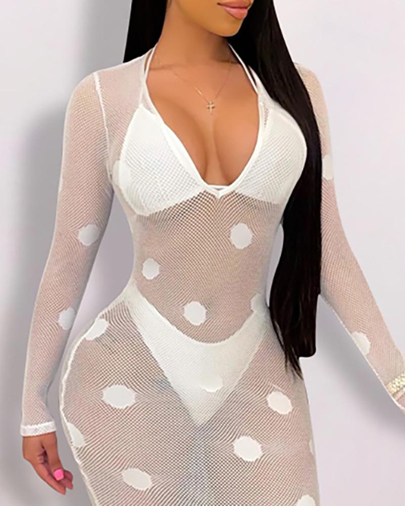 

Halter Bikini Sets With Polkadot Print Cover Up Dress, White