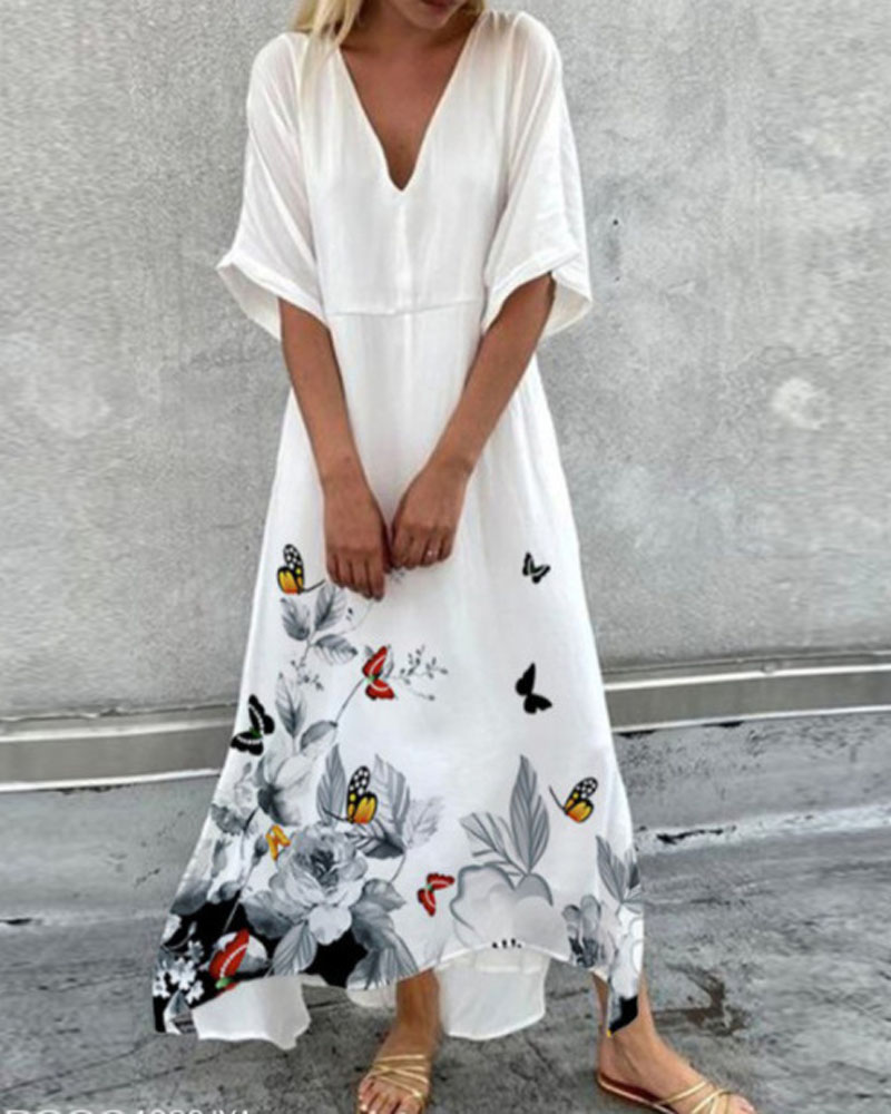 

Butterfly Floral Print V-Neck Split Hem Maxi Dress, White