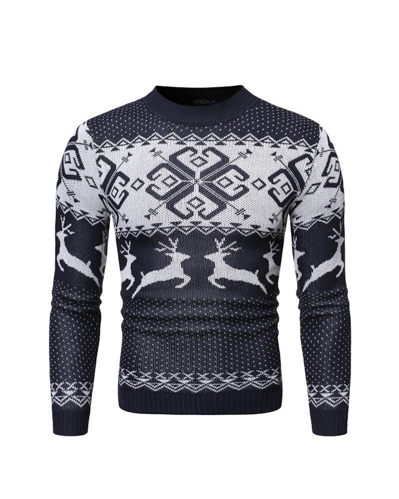 

Men Christmas Print Knit Long Sleeve Top, Black