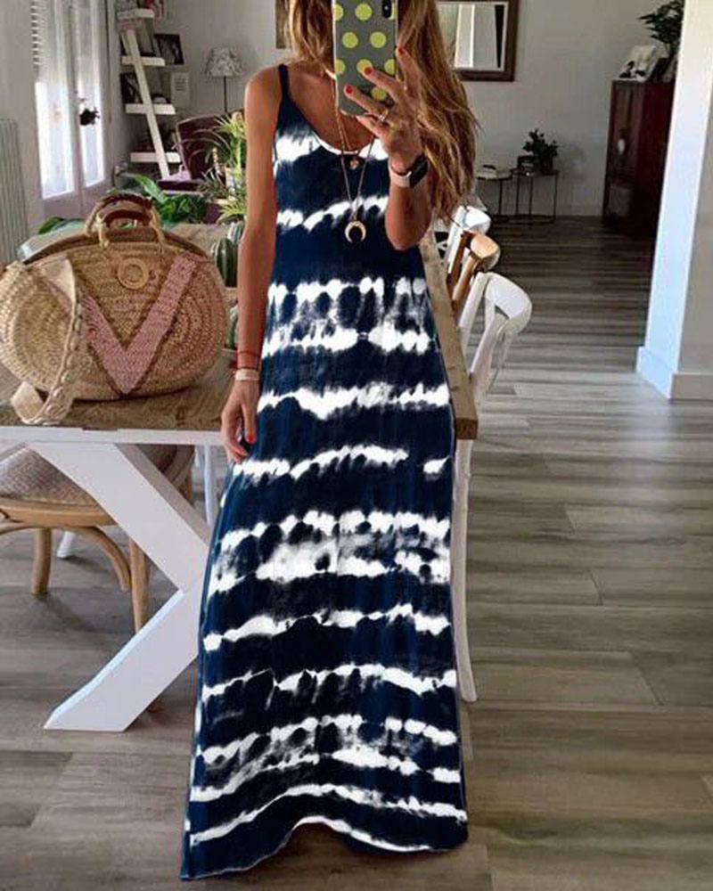 

Tie Dye Print Spaghetti Strap Maxi Dress, Purplish blue