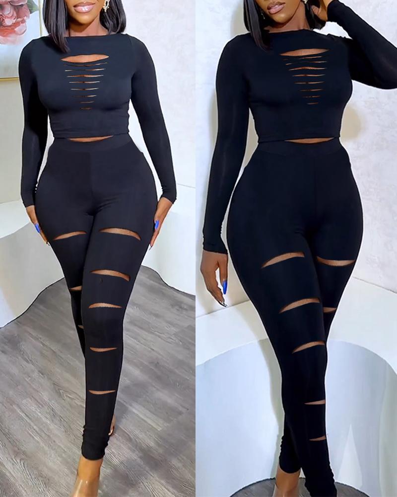 

Ladder Cutout Slash Neck Crop Top & Pants Set, Black