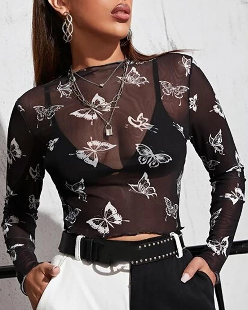 

Butterfly Print Long Sleeve Mesh Crop Top, Black