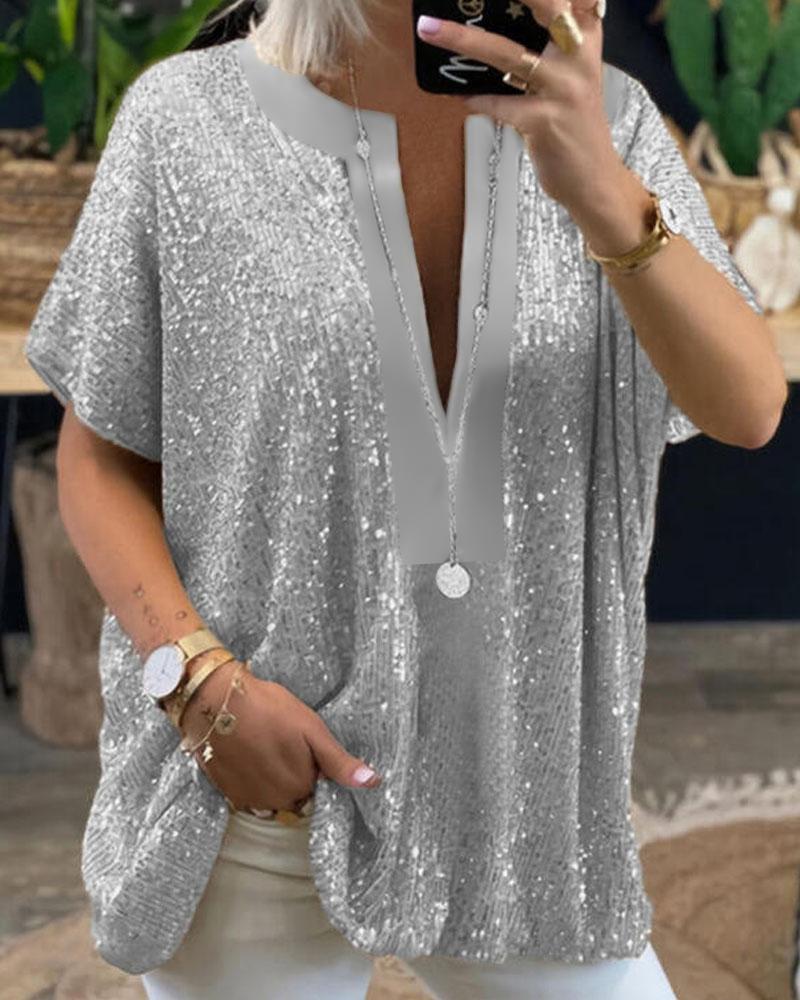 

Plus Size Short Sleeve Sequin Top, Silver