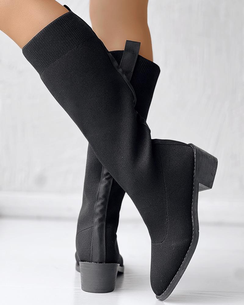 

Almond Toe Breathable Chunky Heel Calf Boots, Black