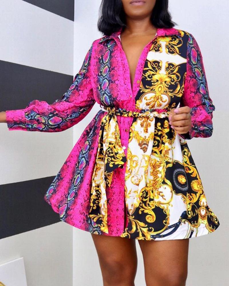 

All Over Print Long Sleeve Button Up Mini Dress With Belt, Multicolor