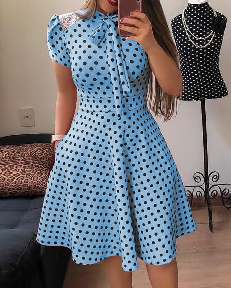 

Polkadot Print Short Sleeve Tie Neck Dress, Blue