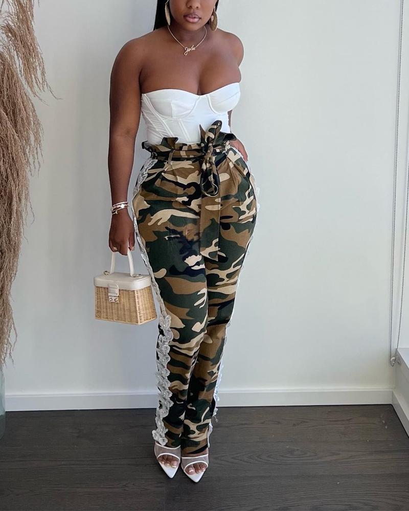 

Camouflage Print Contrast Lace Belted Casual Pants, Camoflage