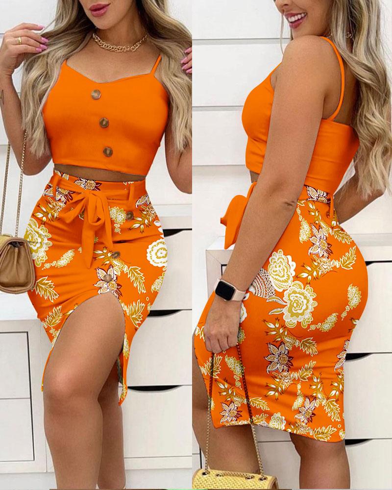 

Button Decor Crop Cami Top & Floral Print Split Skirt Set, Orange