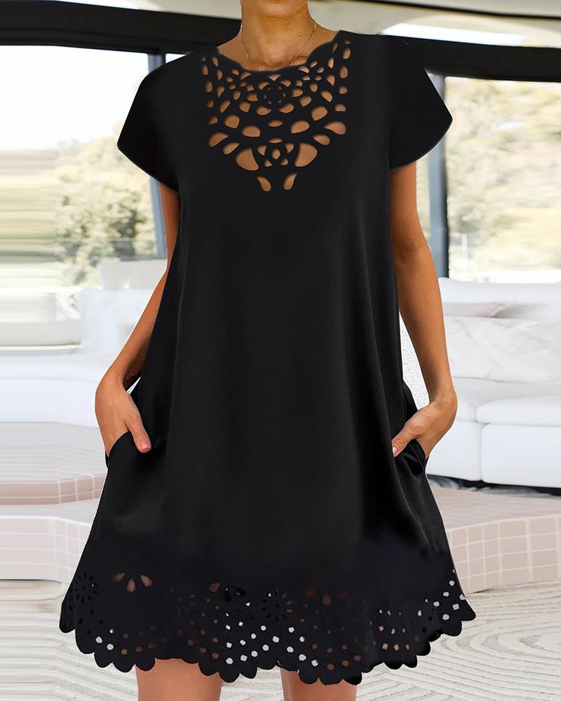 

Hollow Out Short Sleeve Casual Dress, Black