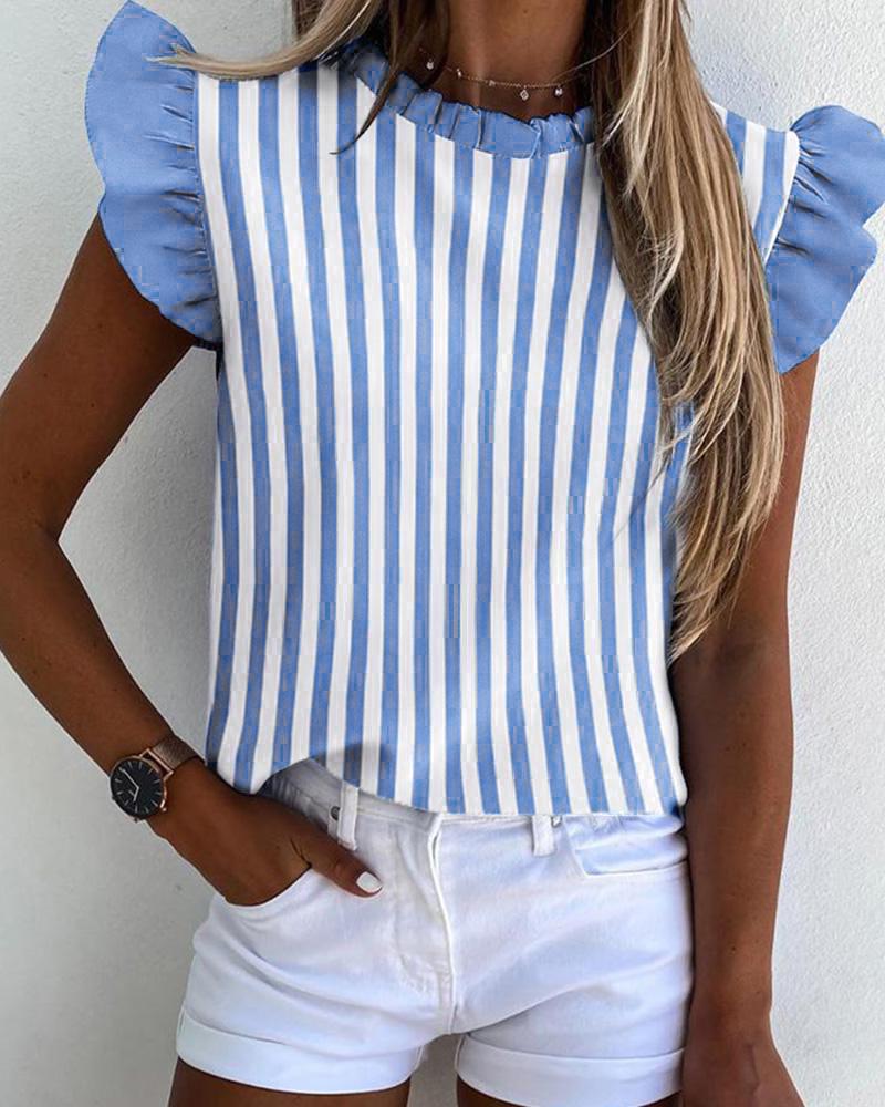 

Striped Ruffles Sleeve Casual Top, Blue