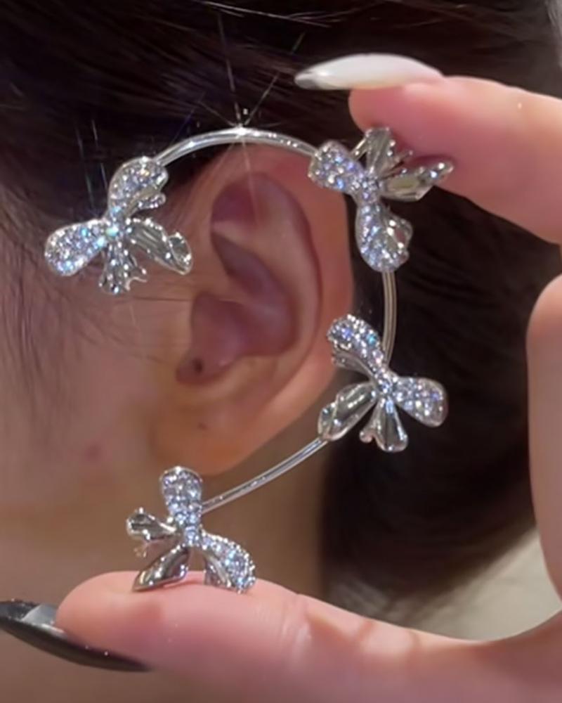 

1pcs Bowknot Shaped Rhinestone Decor Ear Climber, Silver