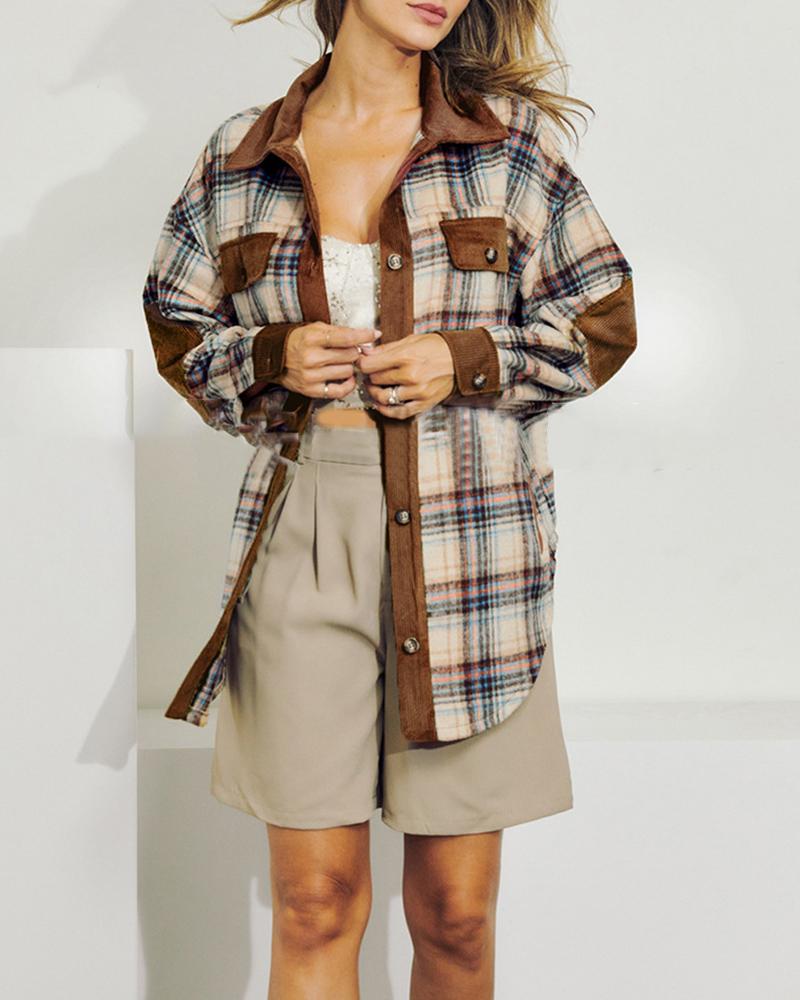 

Plaid Print Fake Pocket Shacket, Brown